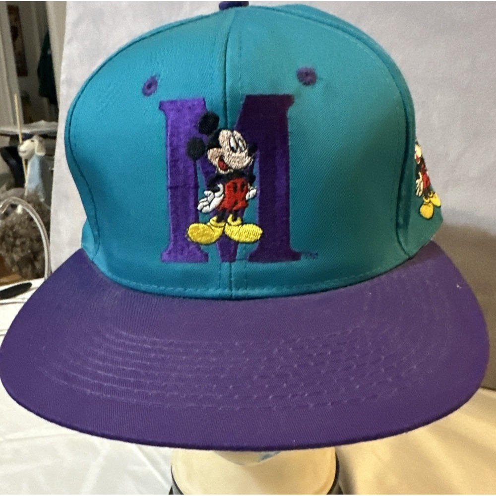 Vintage 1990s NWT  Mickey Mouse "M" Hat Teal & Purple‎ Snapback Mickey Unlimited